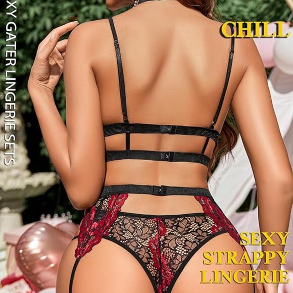 Lace Garter Lingerie Set W/Removable Choker Teddy Babydoll Strappy Bra&Panty Set - Picture 5 of 5